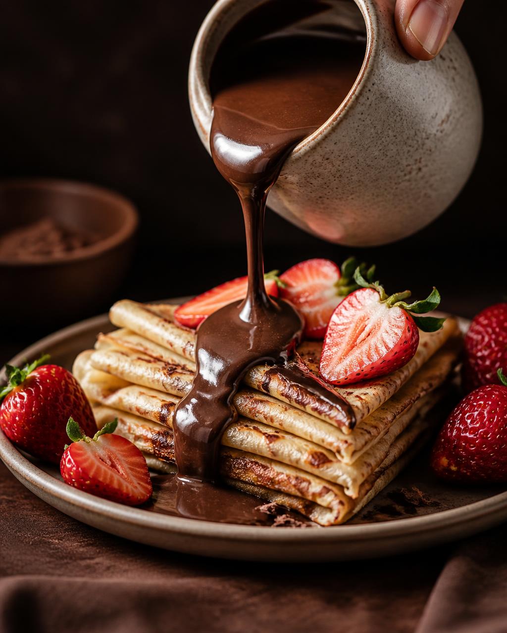 Çokollatë e shkrirë duke u derdhur mbi crepes