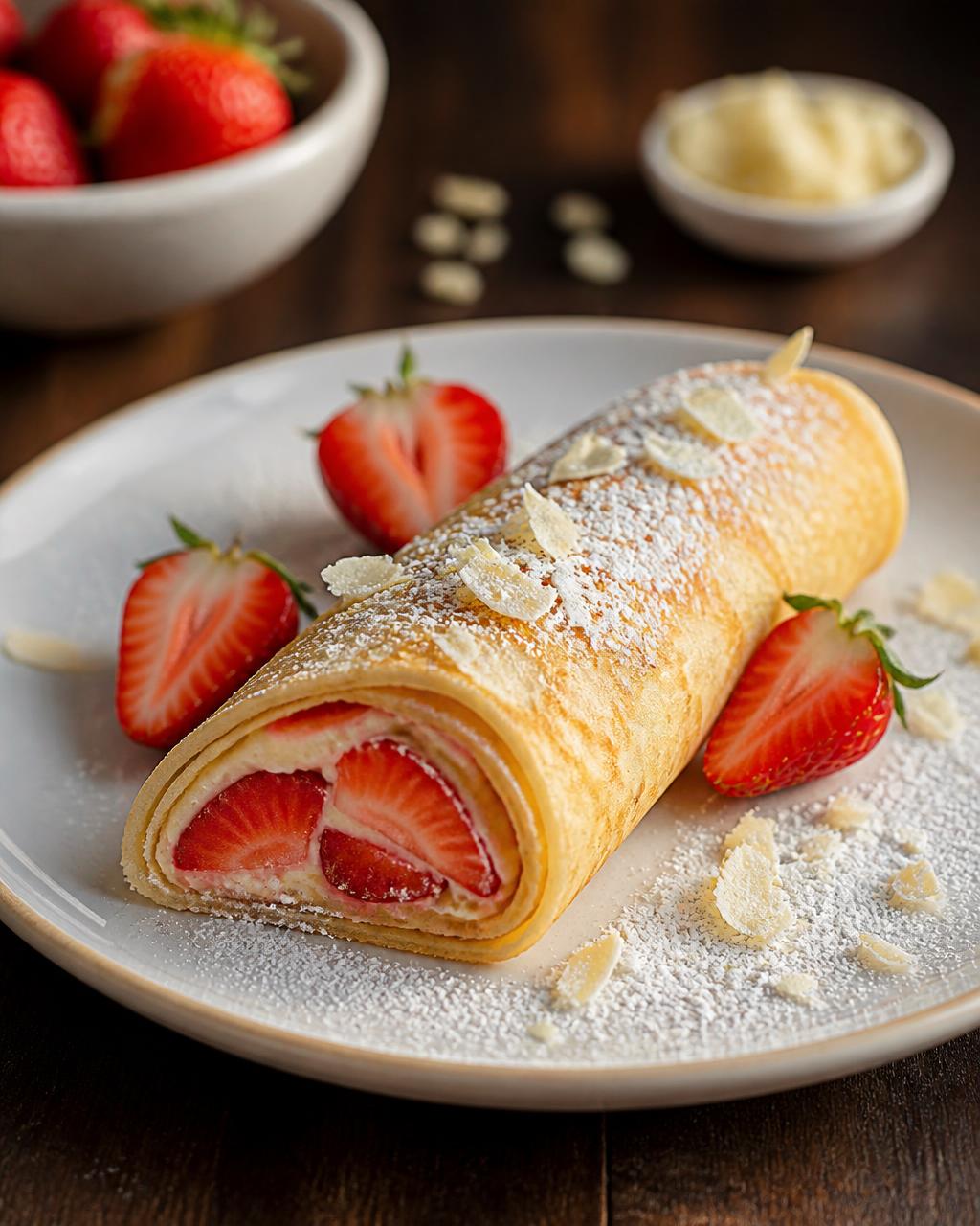 Crepe me luleshtrydhe dhe sheqer pluhur në pjatë krem