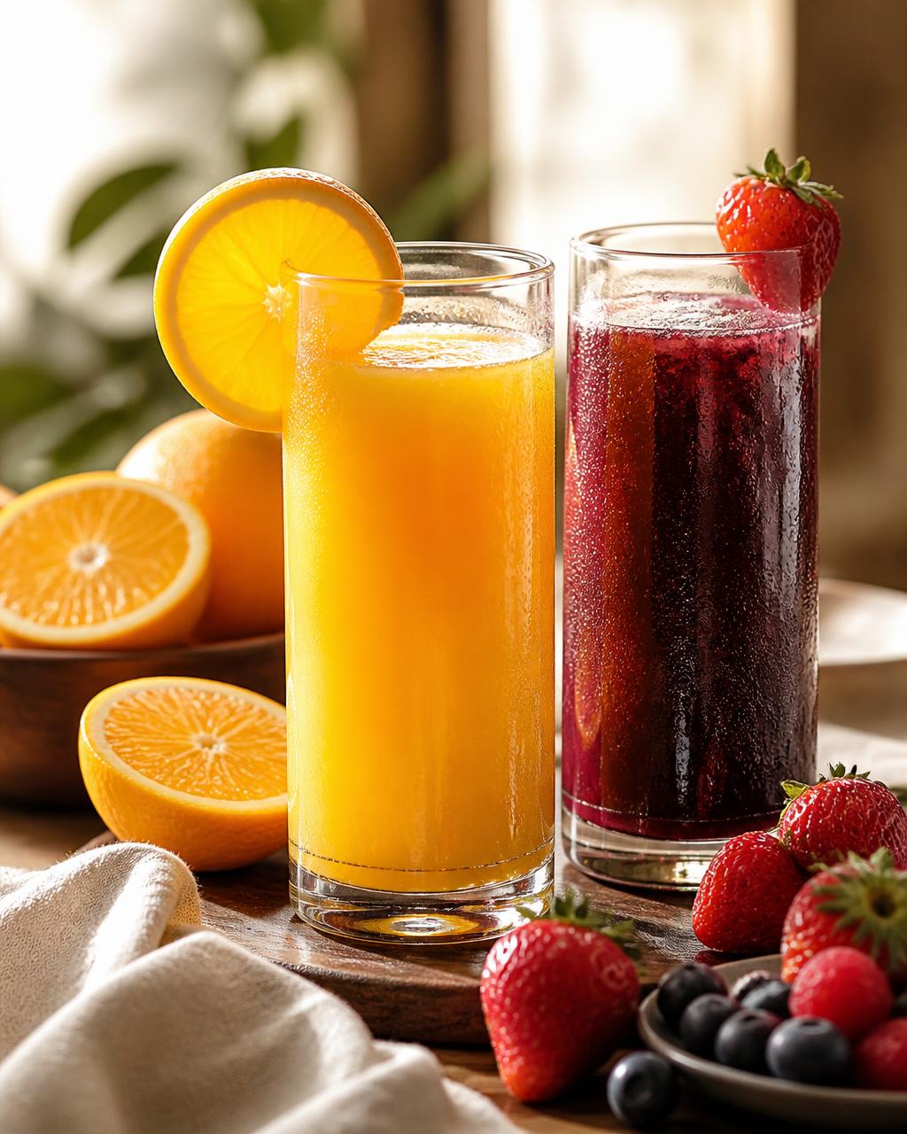 Lëng portokalli dhe lëng frutash të kuqe në gota të gjata